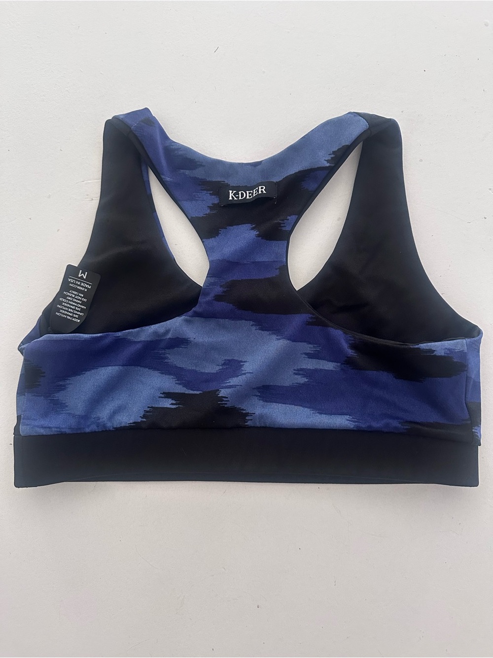 K-DEER blue camouflage racerback sports bra. Medium